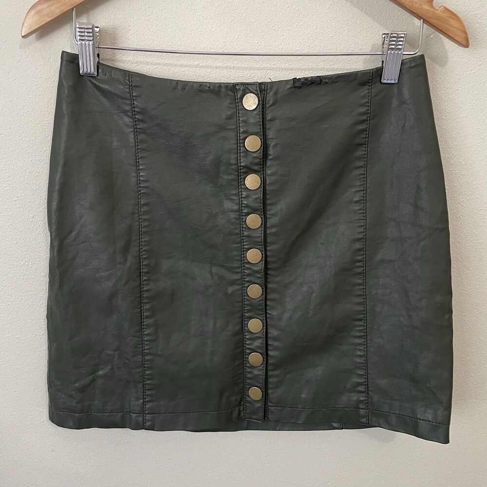 Free People Skirt Green Vegan Leather Womens 6 Snap Front Moto Grunge Edgy